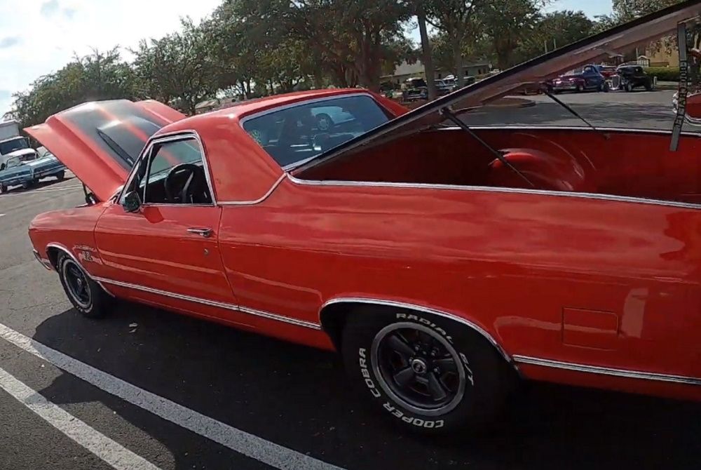 1972 Chevrolet El Camino with an open hood and tonneau cover