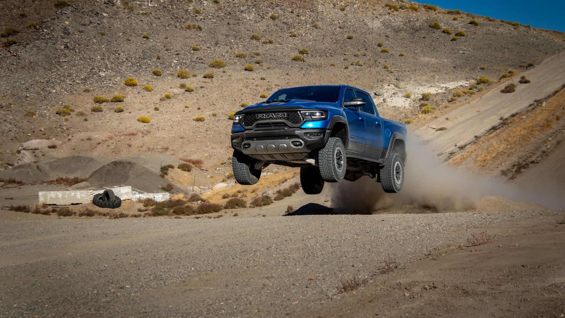 A shot of a 2023 Ram 1500 TRX airborne off-road