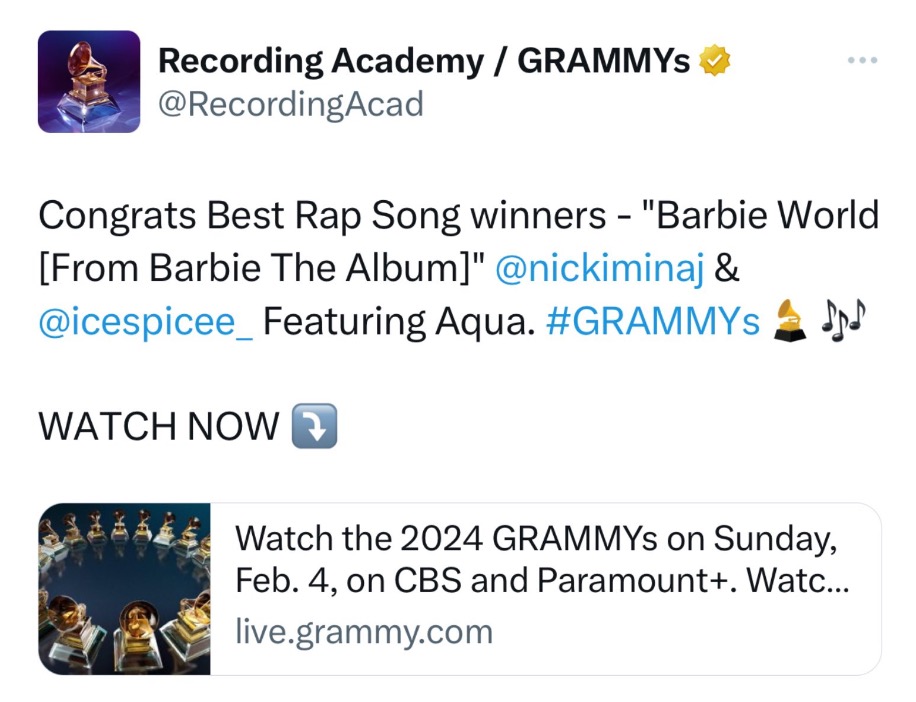 The Recording Academy mistakenly announced that Nicki Minaj and Ice Spice won a Grammy.