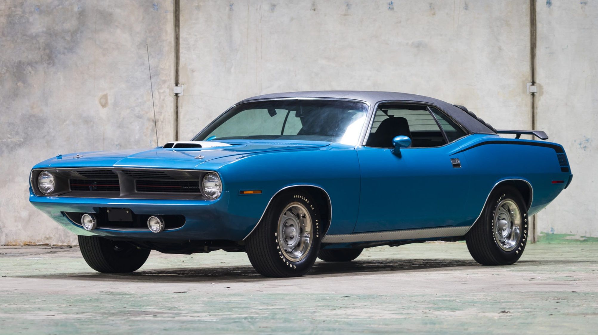 The 1970 Plymouth Hemi 'Cuda in a garage.