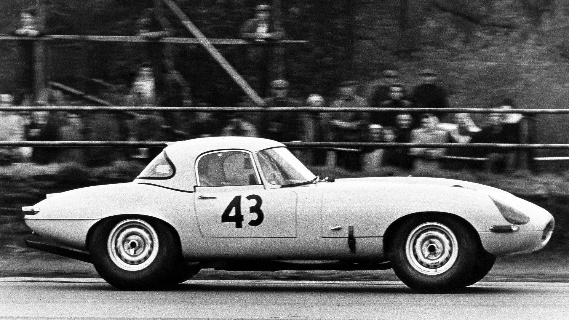 Jaguar E-Type Lightweight racing on track. 