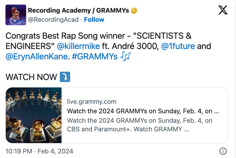 The Recording Academy fixes their mistake, and names Killer Mike as the winner.