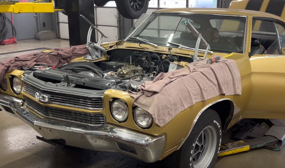 The open engine compartment of a 1970 Chevrolet Chevelle SS 454